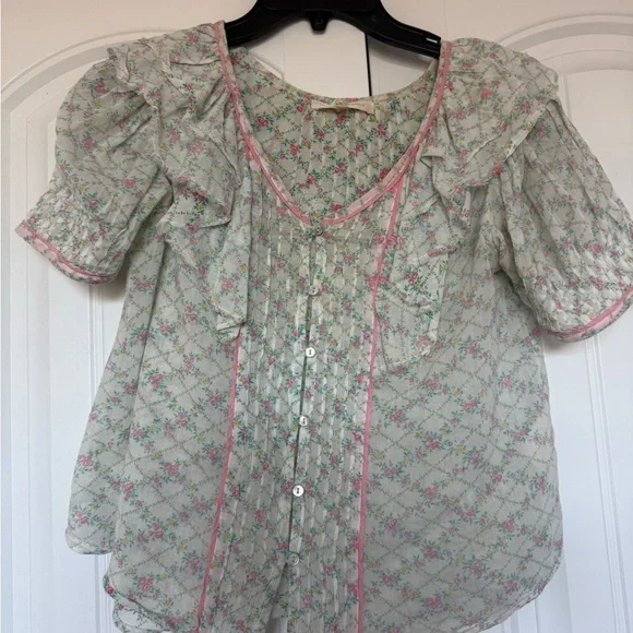 LoveShackFancy Floral Blouse - Pink and Green ruffles romantic 💘 - Picture 2 of 5